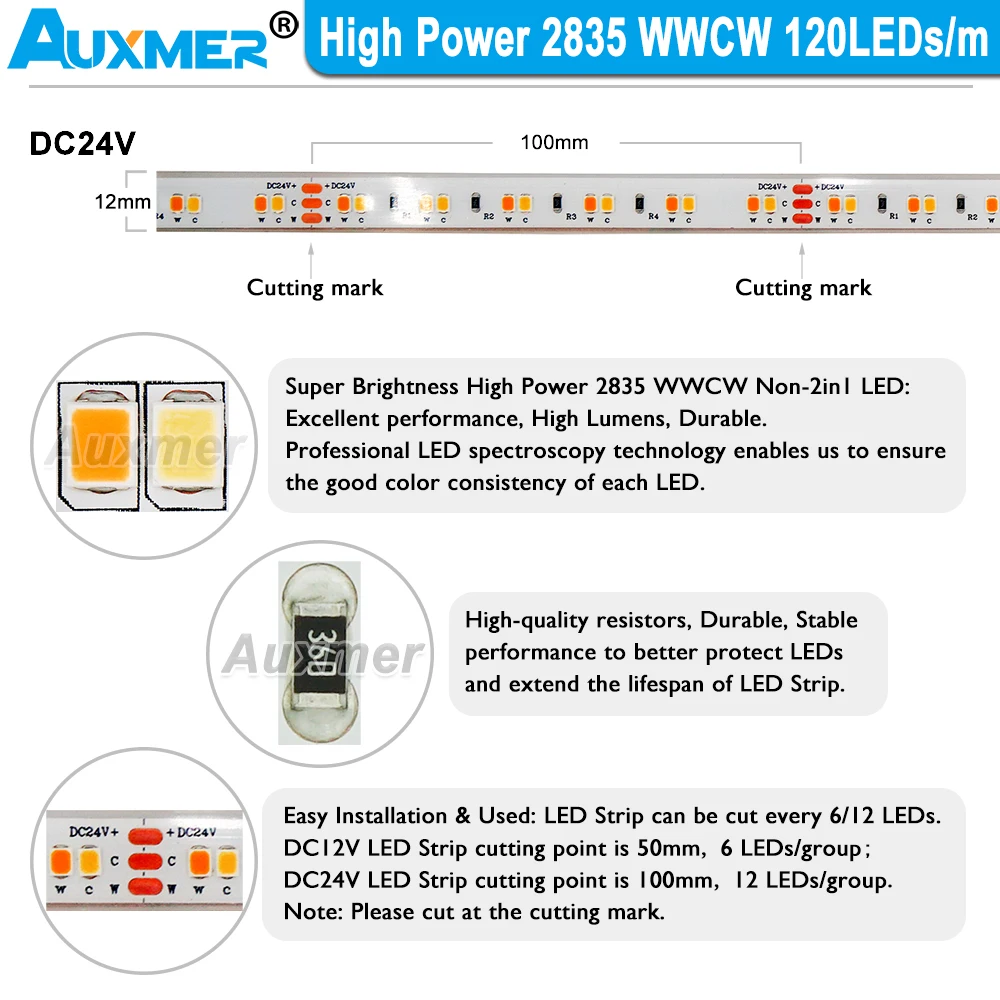 Imagem -06 - Potência Impermeável Led Strip Lights 2835 Ip68 Branco 120leds m Cri90 57519. 2w 28.8 w m Dc12 24v Banheiro Alta