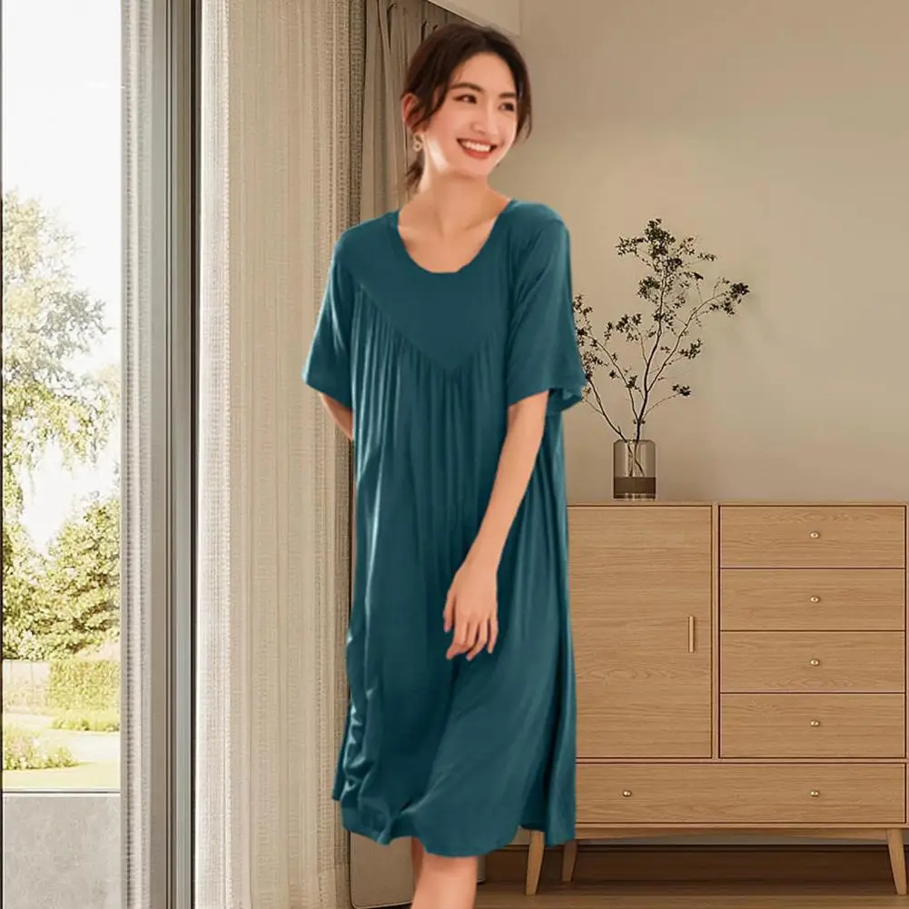 Women Night Dress Pleated Thin Short Sleeves Round Neck Loose Sleeping Solid Color Knee Length Sleepwear Home Dress Women