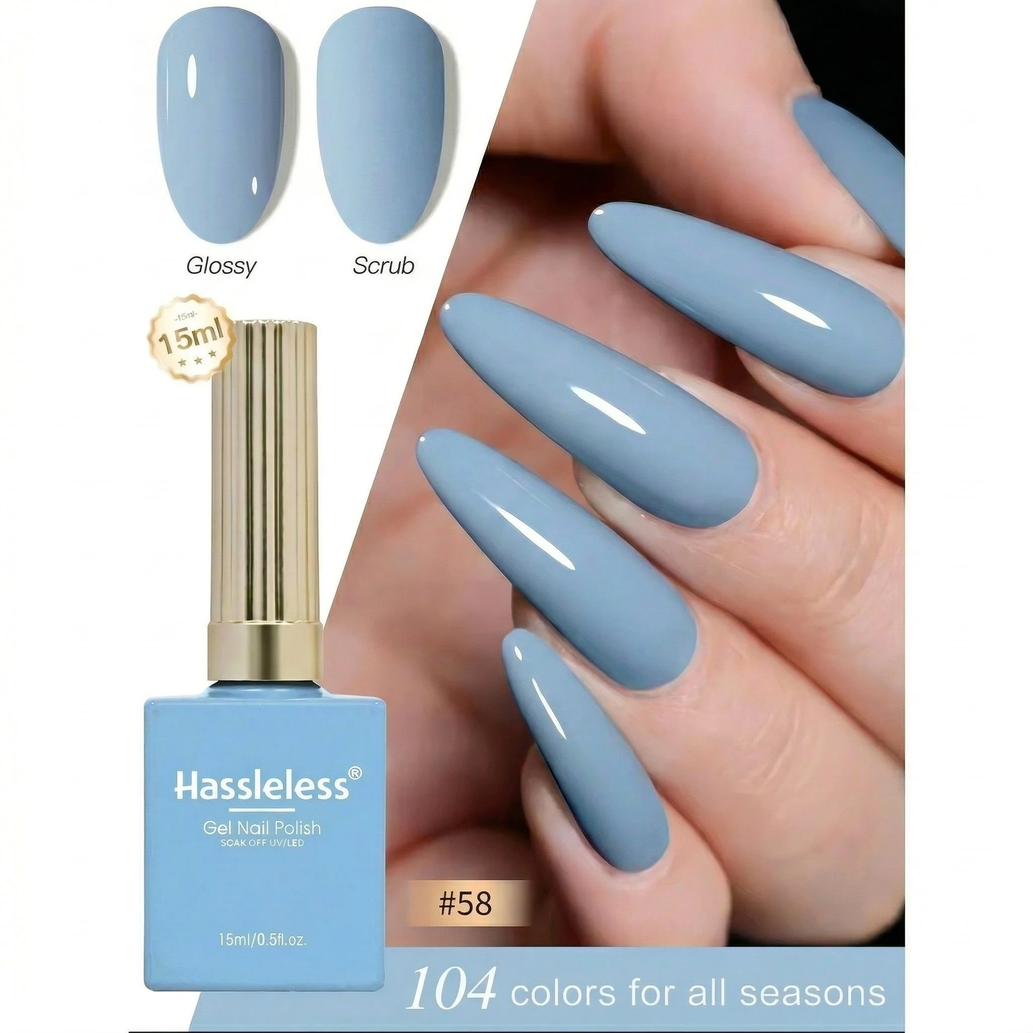 Esmalte em Gel Sólido Premium Hassleless 104 Cores — Removível, Sem Odor, Fórmula Suave (Requer Lâmpada LED)