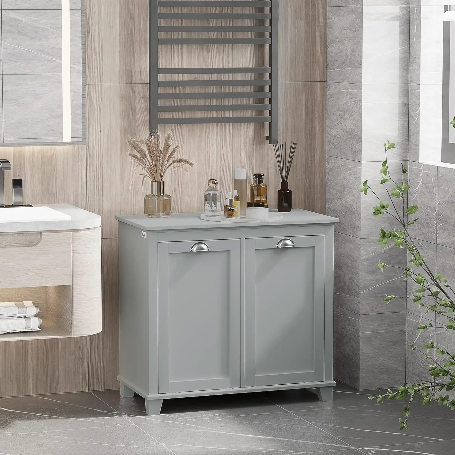 Dual Tilt out Laundry Hamper Cabinet, Bathroom Storage Cabinet with 2-Compartment Hamper, Modern Bathroom Floor Cabinet