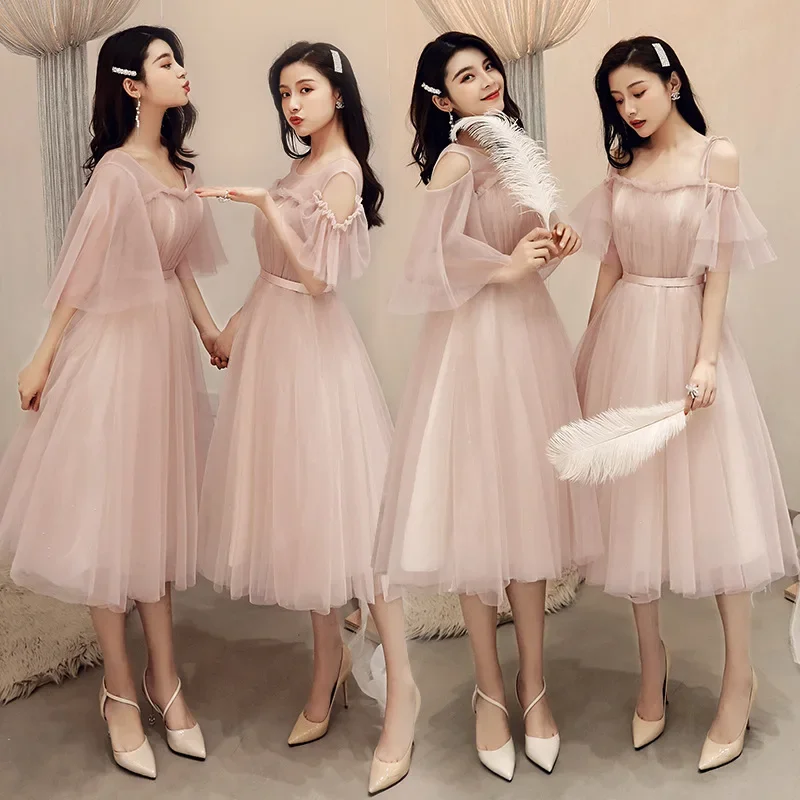 It's Yiiya Bridesmaid Dresses R285 Elegant Short Sleeve Party Dress A-line Vestidos De Dama De Honor Tea-Length Pink Gowns