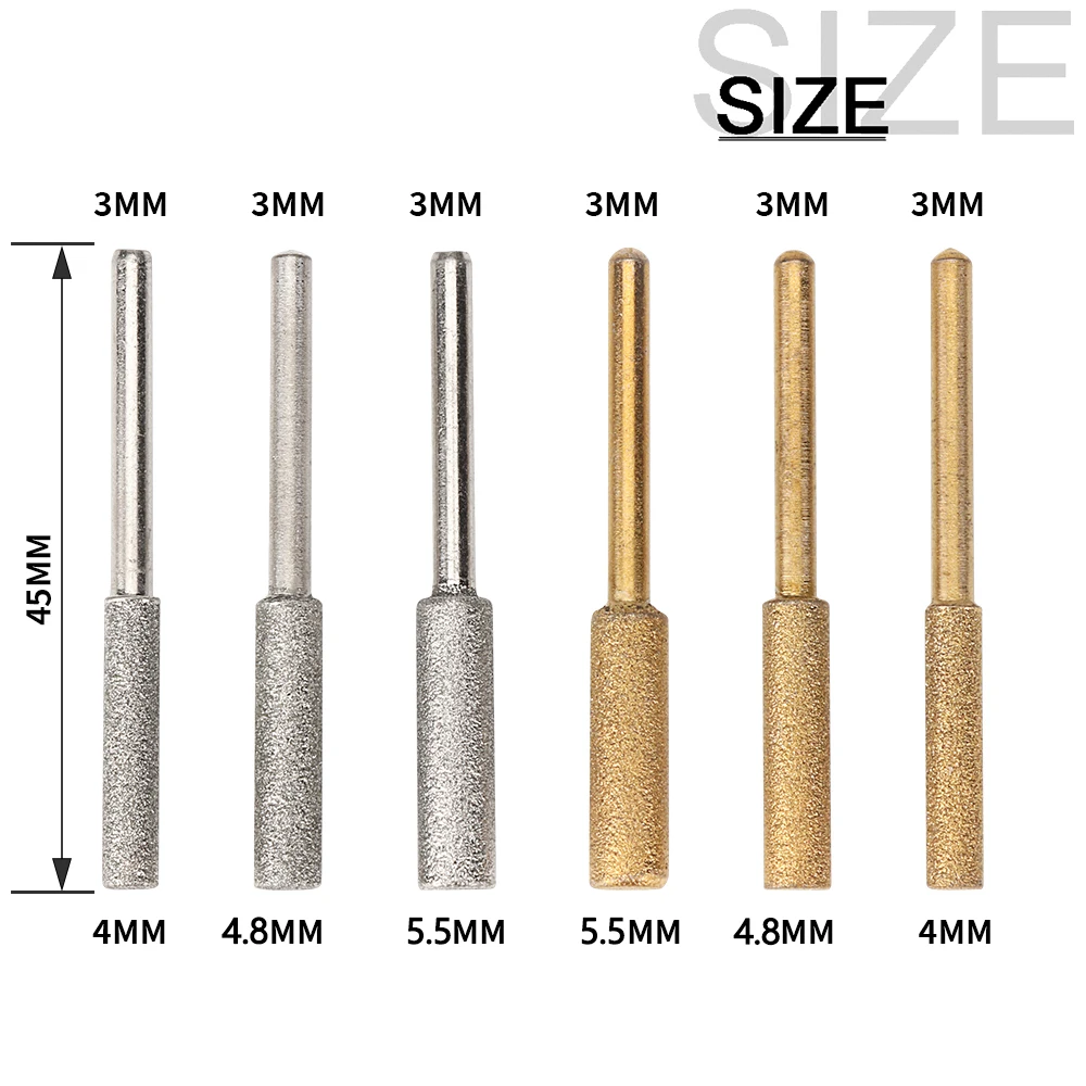 6pcs Diamond Coated Cylindrical Burr Kit 4/4.8/5.5mm Chainsaw Sharpener Stone File Chain Saw Sharpening Carving Grinding Tools