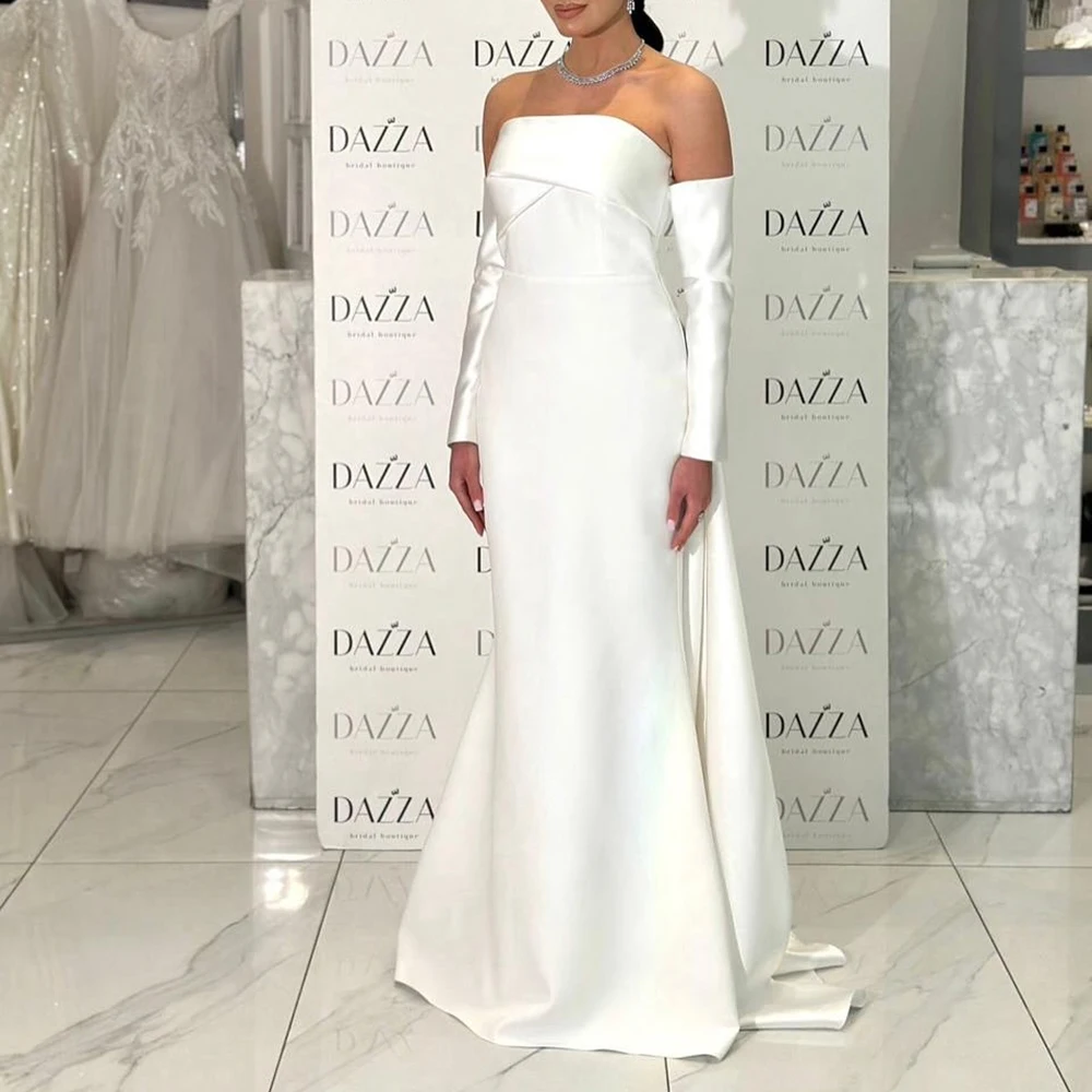 

Customized Strapless Full Sleeves Jersey Evening Dress Watteau Train Backless Party Dress Off Shoulder Floor Length Prom Gown