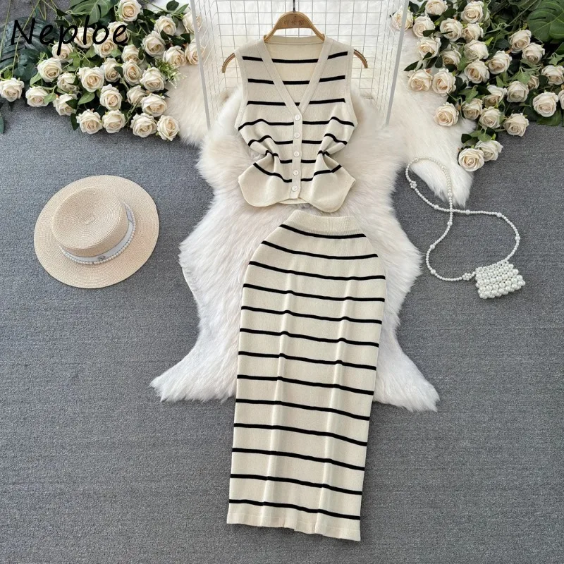 Neploe Black White Striped V-neck Ice Silk Knitted Vest+ High Waist Slim Fit Bodycon Skirts Summer Fashion Two Piece Sets