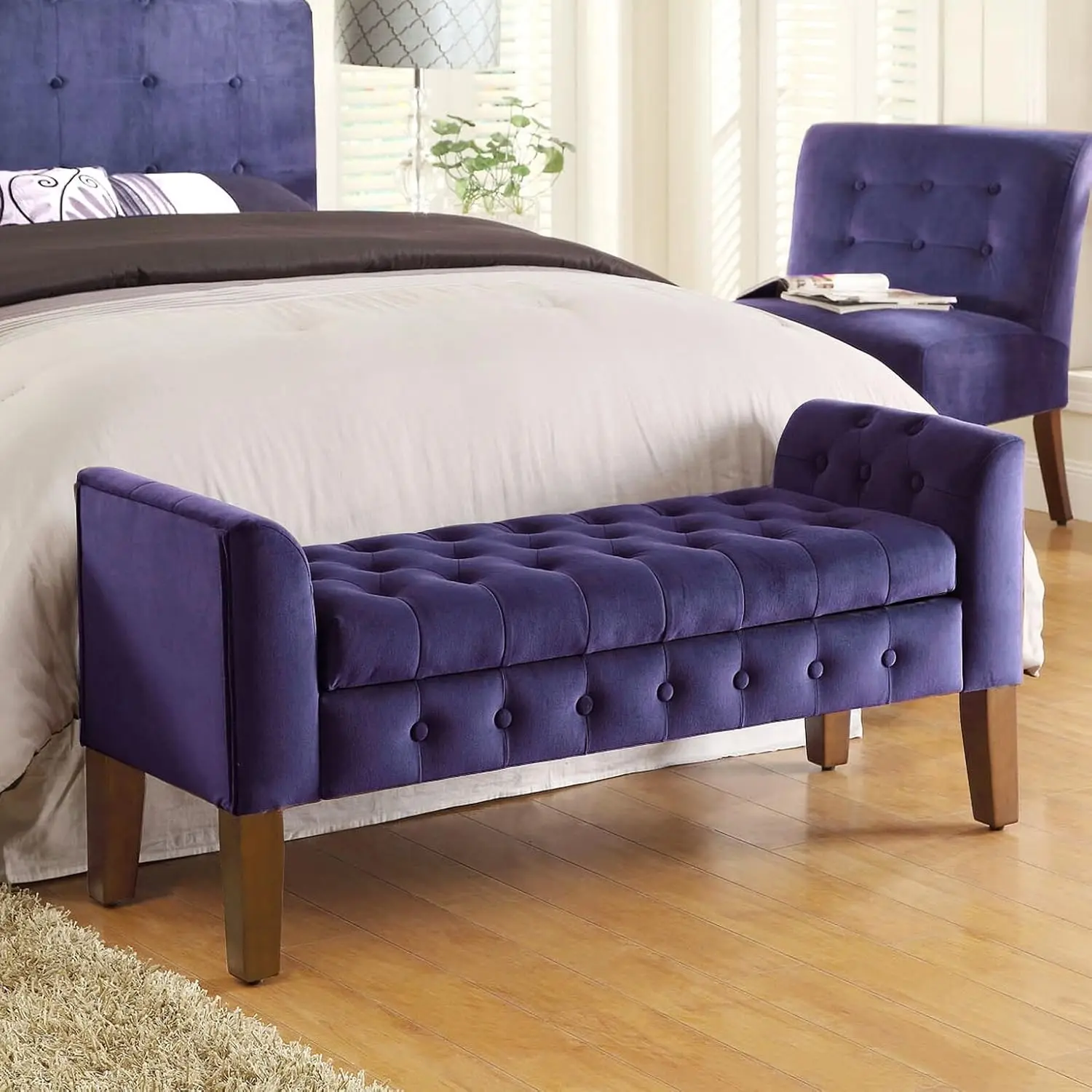 Velvet Tufted Storage Bench Settee with Hinged Lid, Purple 50