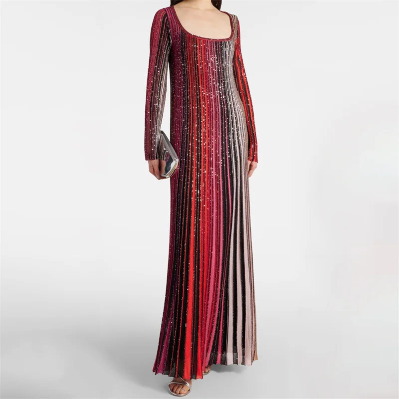 

Womens dresses New elastic knitted slim long dresses for summer 2025 Metal yarn blended round neck midi dresses party dresses