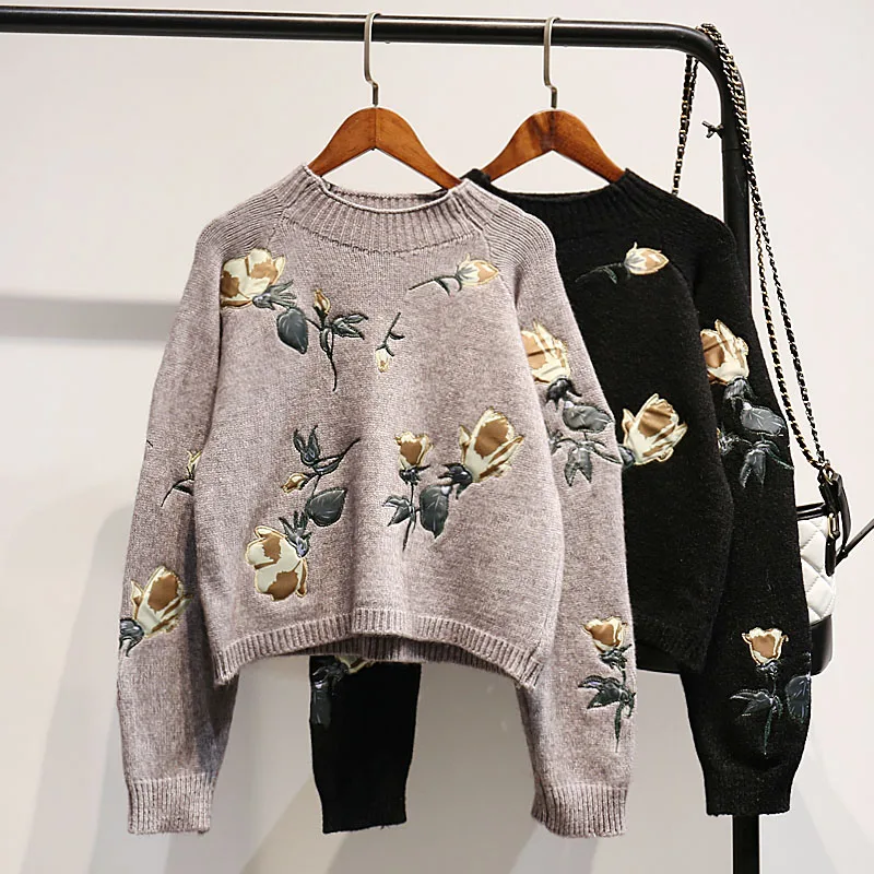 Women\'s O-Neck Long-Sleeved Loose Pullovers, Vintage Pullovers, Short Top, Flower Embroidery, Lady\'s Elegant Pulls, Outwear Coat