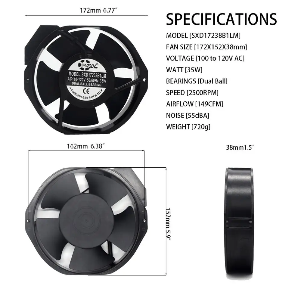 Sxdool-ventiladores axial, alta velocidade, 1738 v, 110v, 115v, ac, 120mm x 172mm x 38mm, para projetos de exaustão, ventilação de refrigeração diy