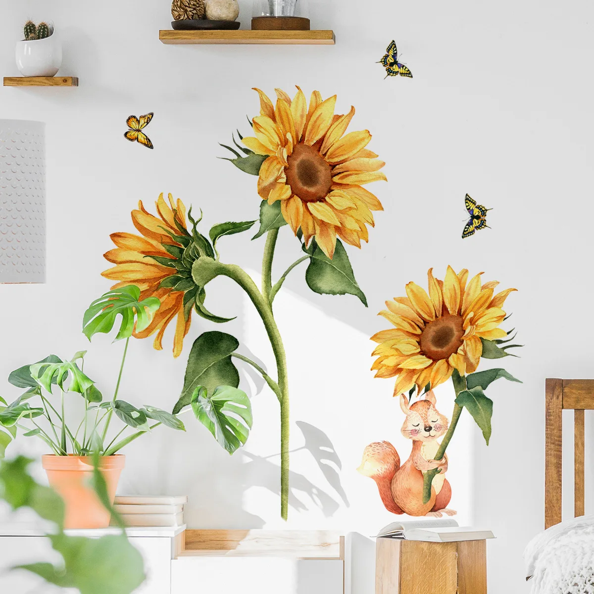 

2pcs Fresh Green Plants Sunflower Butterfly Wall Sticker Living Room Room Decal Wall Sticker Self-adhesive Mural Wall Sticker