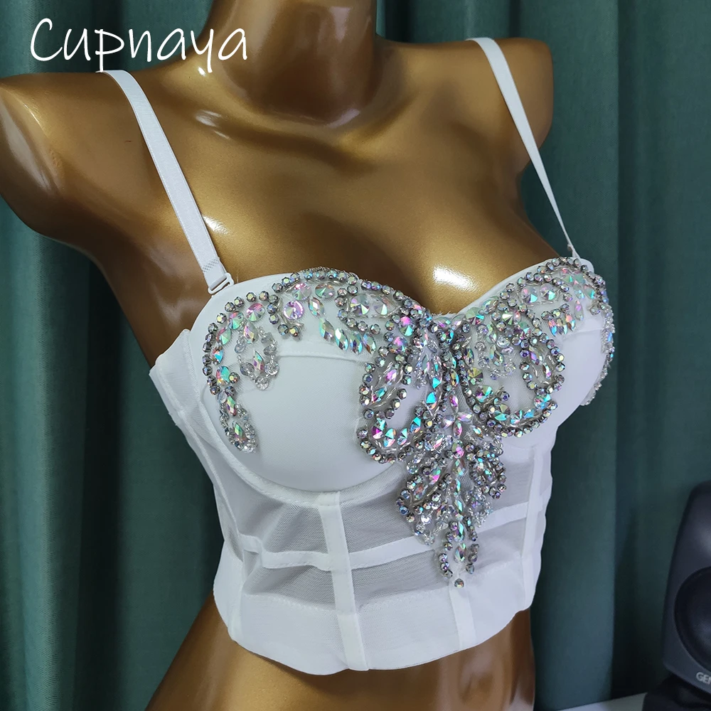 

Cupnaya High End Rhinestones Embroidery Women Sexy Crop Top Bustier Corset Short Camisole Bralette Dance Vest White Black Green