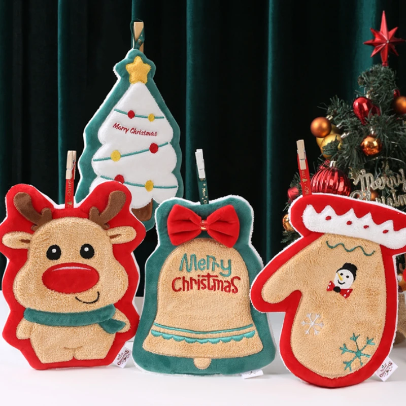 크리스마스 키즈 걸이식 핸드 타올, 두꺼운 산호 양털 타올, 흡수성 빠른 건조 천, 주방 자수 핸드 타올