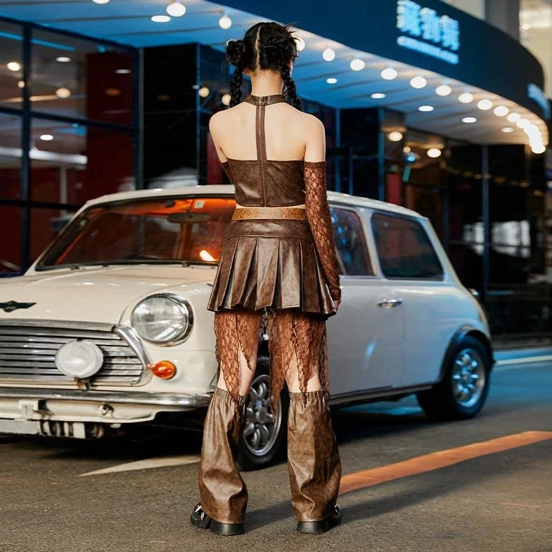어린이 힙합 댄스 의상 소녀를위한 레이스 슬리브 가죽 탑 스커트 정장 패션 재즈 댄스 축제 무대 의류 브라운