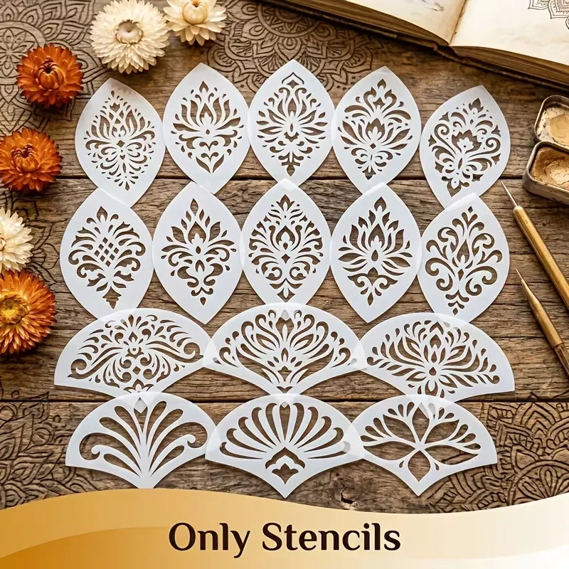 16pcs Vintage Mandala Stencils for Painting Damask Fan Pattern Templates For DIY Crafts Wood Floor Tile Graffiti Spray Stencil