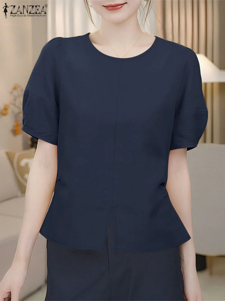 2025 ZANZEA Blusas elegantes para Mujer, camisas de trabajo sólidas de verano, Blusas de manga corta con cuello redondo, Tops OL informales elegantes para oficina para Mujer