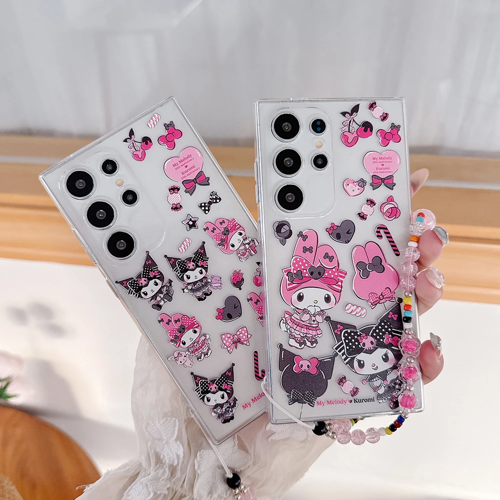 Fashion Cute Cartoon Sanrio Kuromi My Melody Transparent Phone Case For Samsung Galaxy S26 25 24 23 Ultra Puls Soft TPU Cover