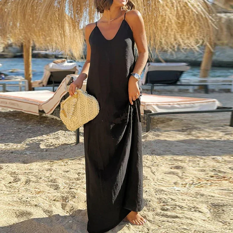 Abito lungo casual estivo da donna con scollo a V senza maniche e schiena scoperta Abiti da vacanza al mare per le donne Abito da festa ampio Boho