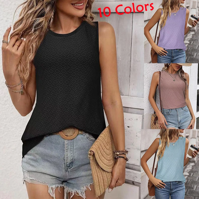 

S-XXL Women's Crew Neck Sleeveless Tops Elegant Pleated Tank Tops Summer Solid Color Blouse Tops Ladies Fashion Casual T-Shirts