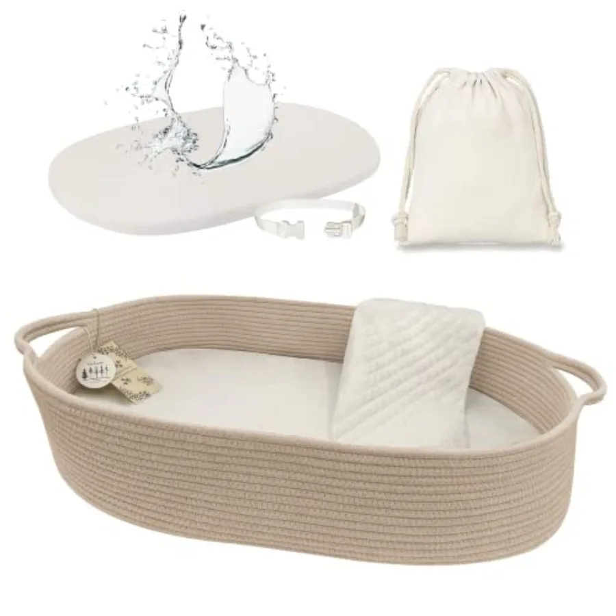 

meloom Baby Changing Basket with Pads and Safety Belt- 100% Cotton Boho Baby Moses Basket Changing Table and Thick Pad with Wat