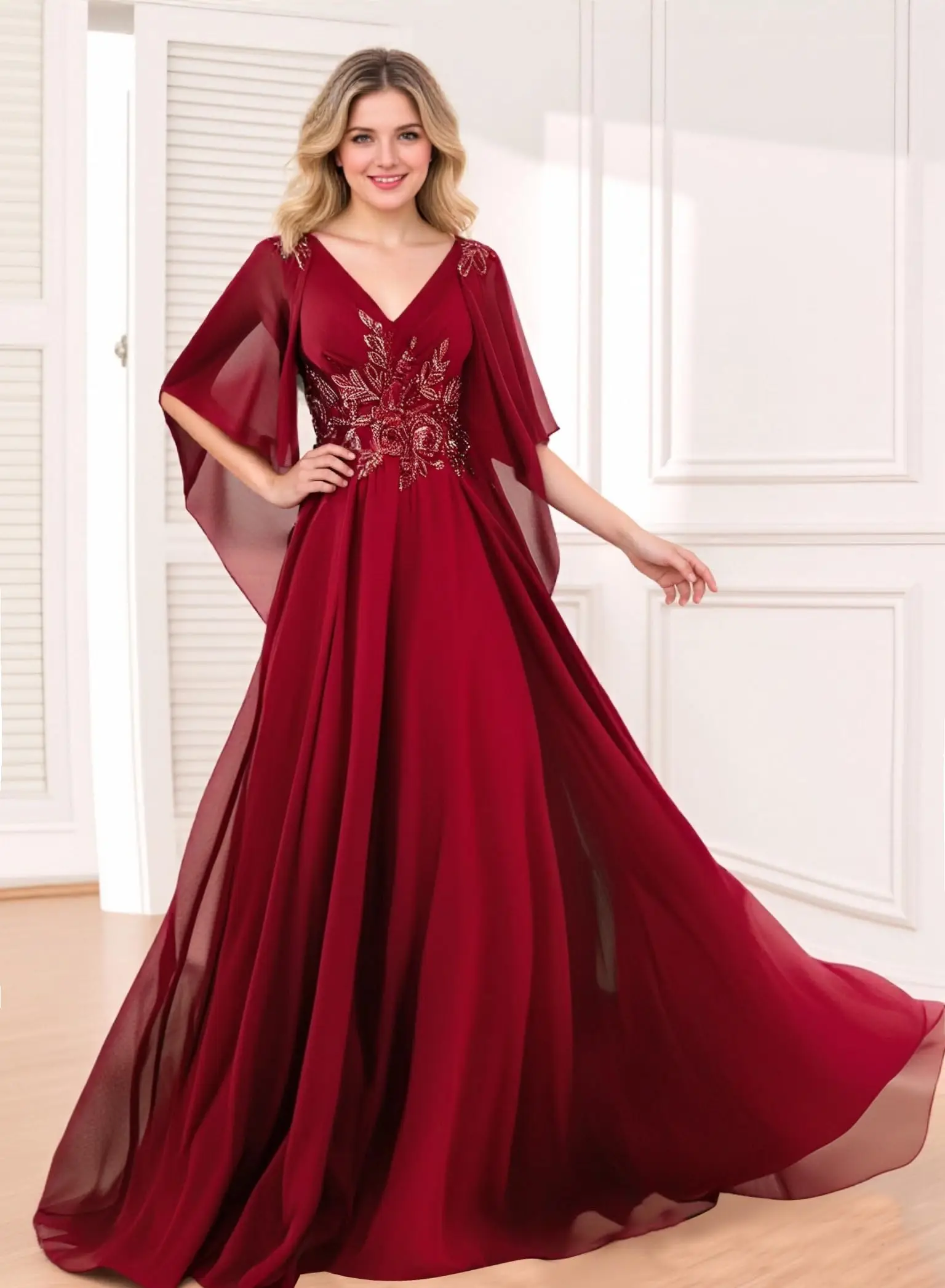 

V Neck Chiffon Mother of Bride Dresses Lace Appliques Formal Dresses for Women Chiffon Evening Gown with Sleeve