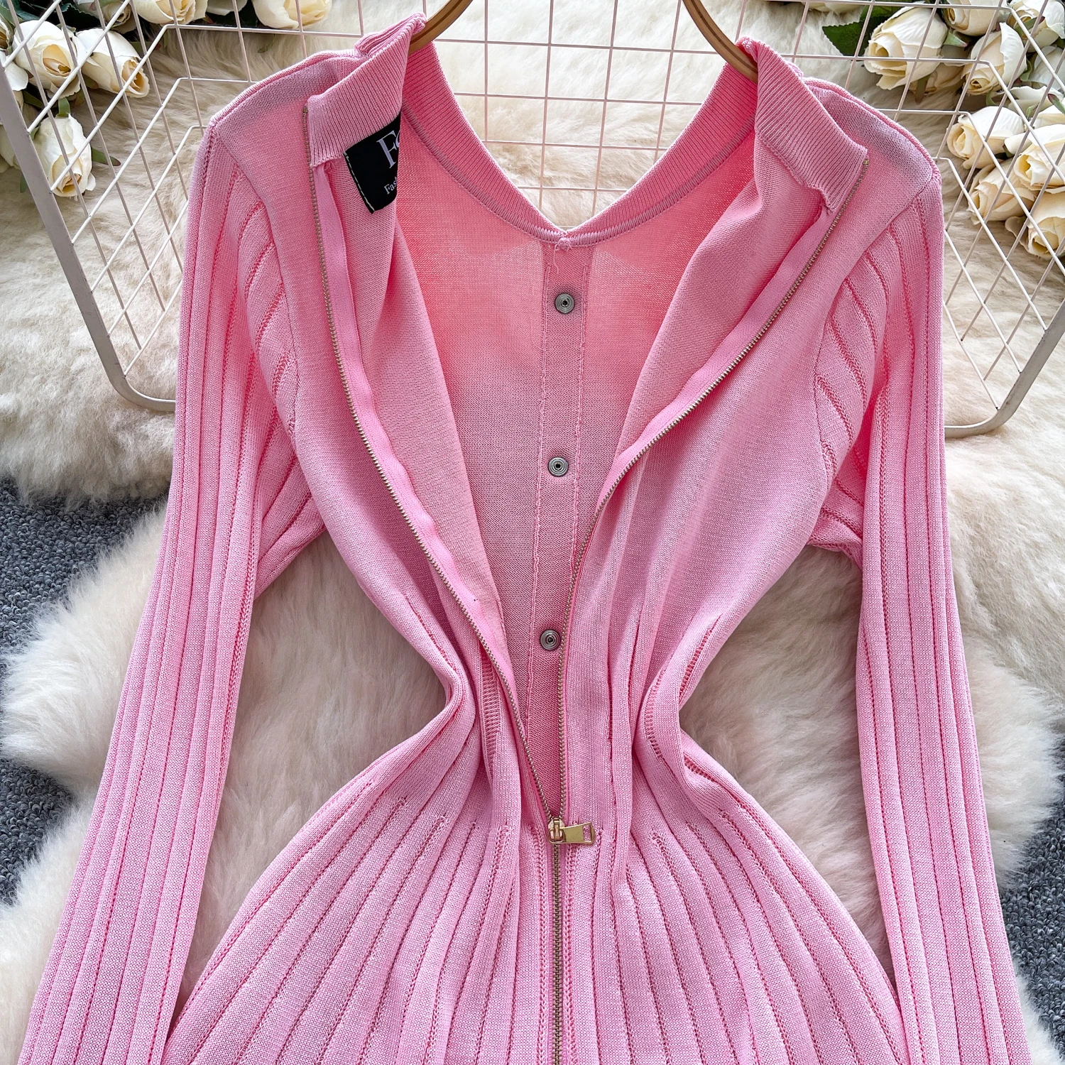 Chic vintage turn-down collar button Knit slim Elegant Fairy korean fashion Boho Sundress women clothing dress