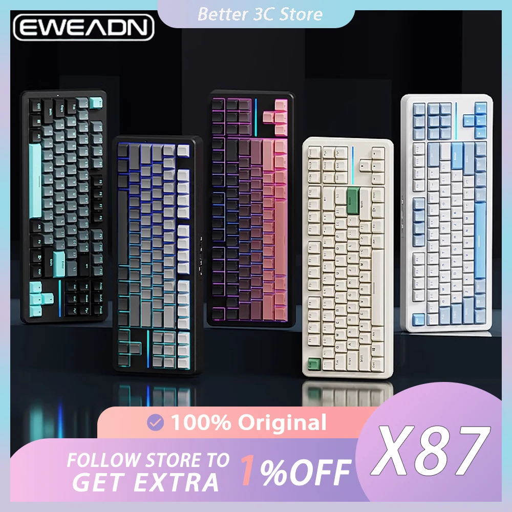 

EWEADN X87 Mechanical Keyboard Three Mode RGB Wireless Gaming Keyboard Hot Swap Gasket 87 Keys Pc Gamer Accessories Office Gift