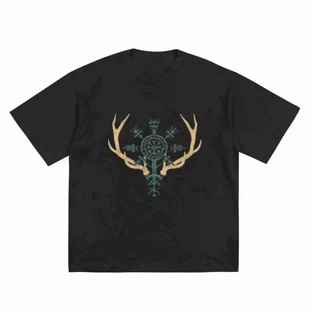 Schildmaiden Expresser Mystical Antler Design Runes Nordic Viking Short Sleeve Tee 100% Cotton T-Shirt