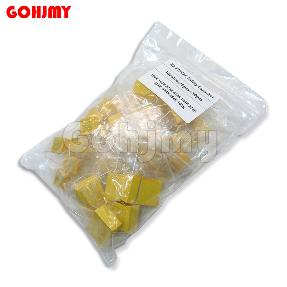 50PCS 1nF-0.47uF Correction Capacitor Package Kit 10 Values Polypropylene Safety Plastic Film Capacitors Kit Capacitance Set