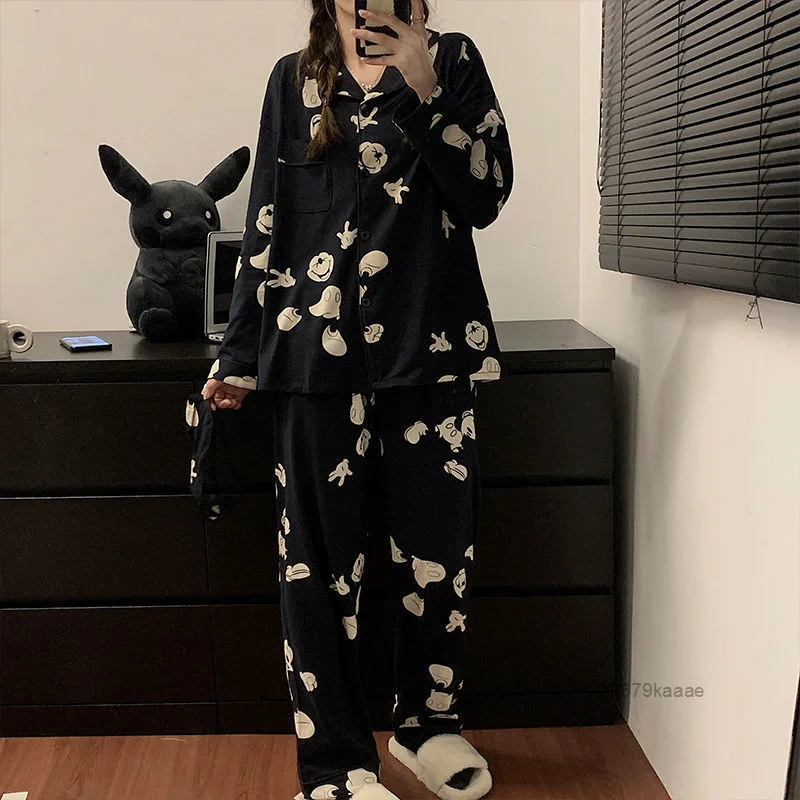 Disney Black Mickey Women\'s Spring Autumn Sleepwear Japanese Style Cartoon Cardigan Pajamas Y2k Girl Trendy Casual Home Suit Set