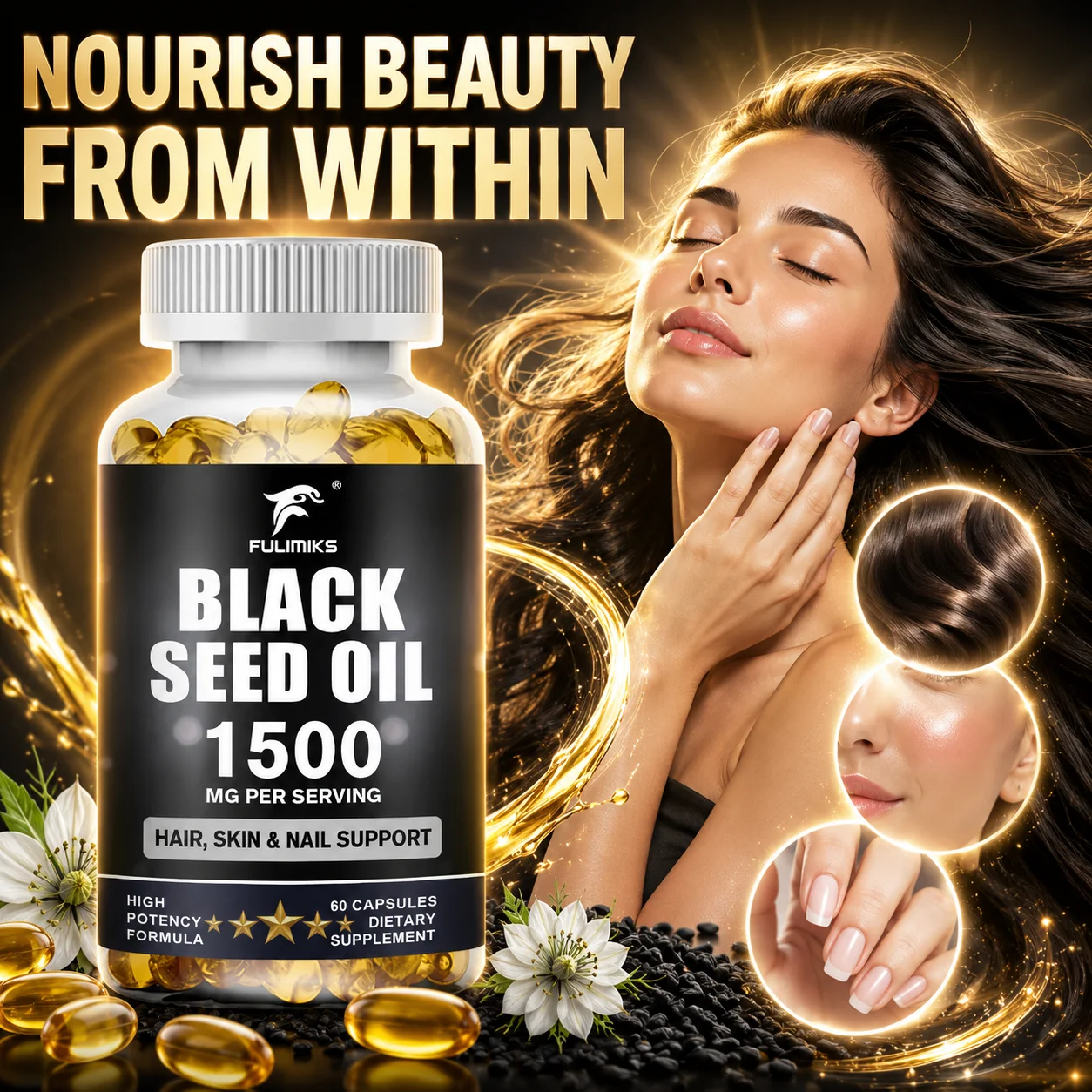 Black Seed Oil Supplement, 1500mg, Antioxidant, Support Hair, Skin & Nail Health, Aid Digestive Comfort