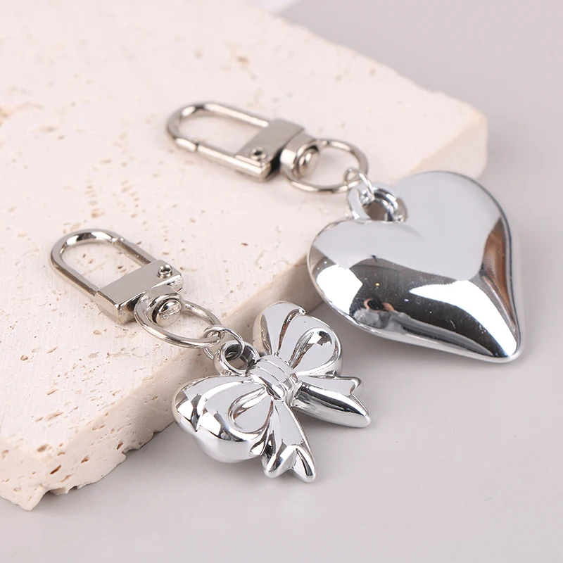 Korean Simple Star Bow Heart Keychain Y2K Silver Color Metal Keyring Headphone Case Charm Bag Pendant Decoration