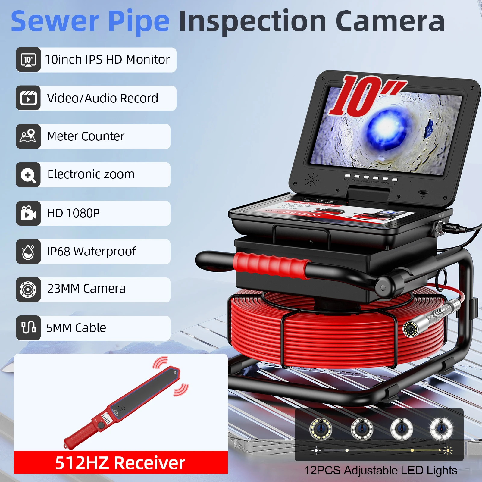 

10.1‘’ Sewer Borescope Camera with 512Hz Auto-Leveling Electronic Meter 23MM HD Camera IP68 Waterproof with Power Indication