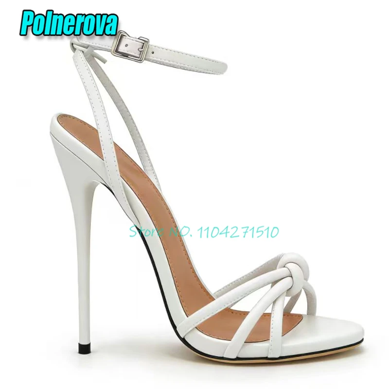 White Knot Cross Straps 16CM High Heels for Women Sexy Open Toe Ankle Buckle 14CM Stiletto Pumps Fashion Party Wedding Shoes