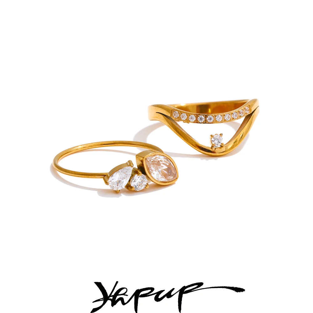 Yhpup Größe 6 7 8 Zarter, glänzender CNC-Zirkonia-Ring, hochwertiger 18 Karat Gold, PVD-beschichteter Edelstahl, Fingerschmuck, Geschenk