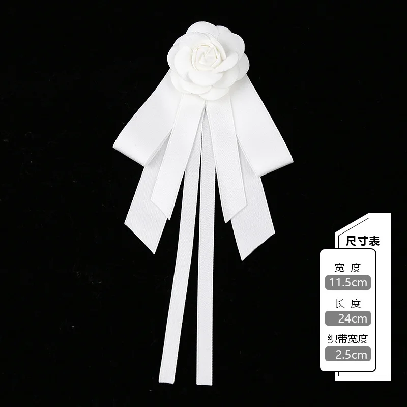 Fashion White Lace Ribbon Camellia Flower Brooches for Women Fabric Bow Tie Collar Pins College Style Necktie Jewelry Gifts