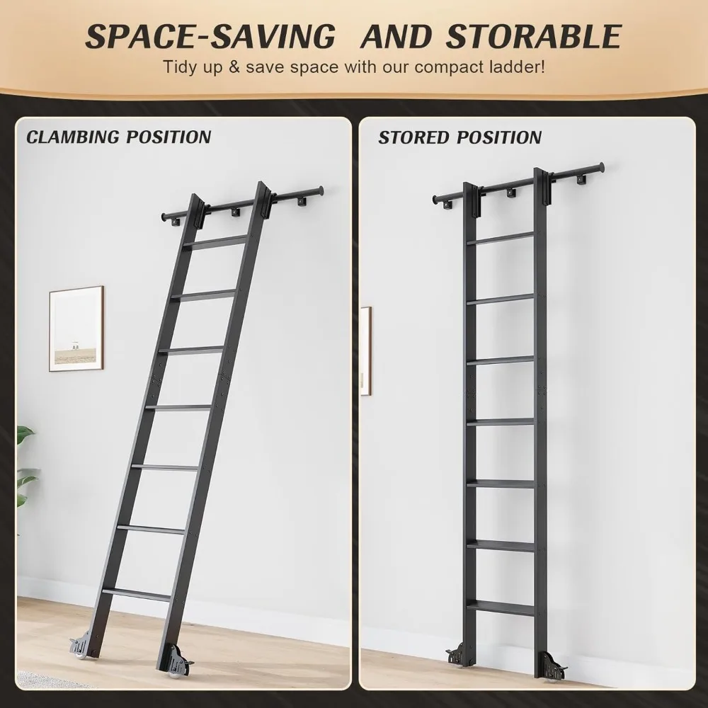 Aluminium 8-Foot Rolling Library Ladder with 4-Foot Sliding Hardware Track and Bottom Wheels for Kitchen and Loft Use