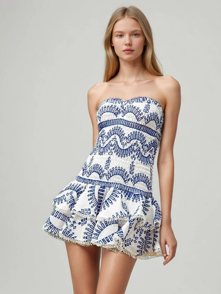 Temperament Patchwork Ruffles Dresses For Women Strapless Sleeveless High Waist Solid Folds Summer Mini Dress Female New