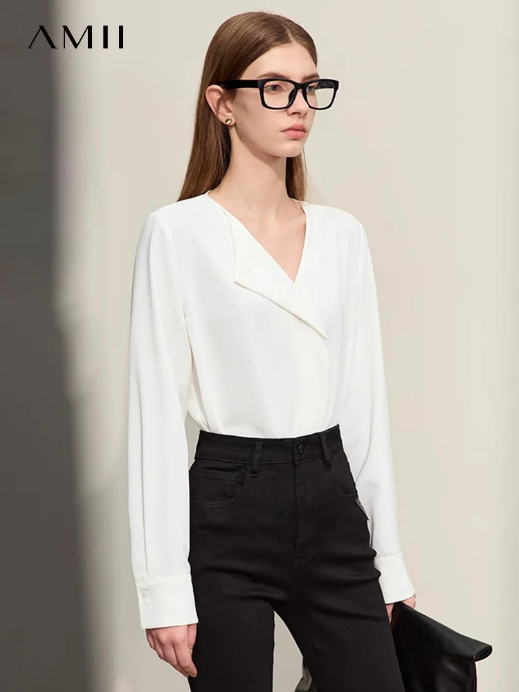 Amii Minimalism 2024 Spring Chiffon Shirts For Women New Office Lady Temperament Asymmetric V-neck Loose Blouses Female 12451028