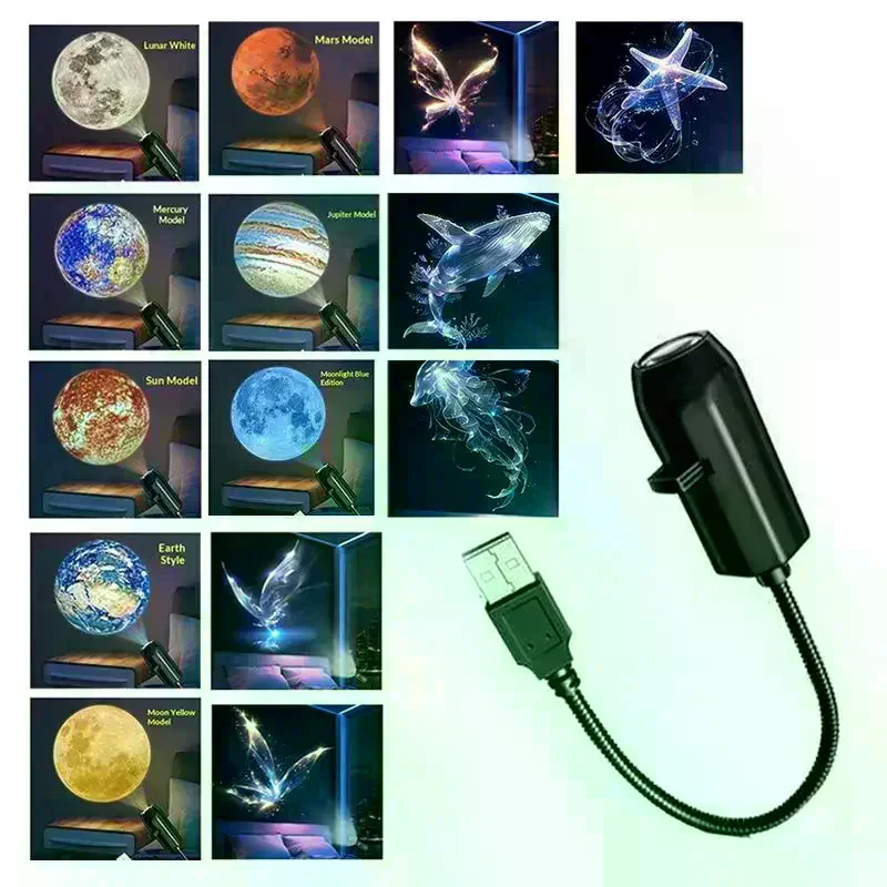 LED USB Projector Light 6/9pcs Projection Patterns- Adjustable Star Galaxy Planet Butterfly Jellyfish Starfish Night Light Gift