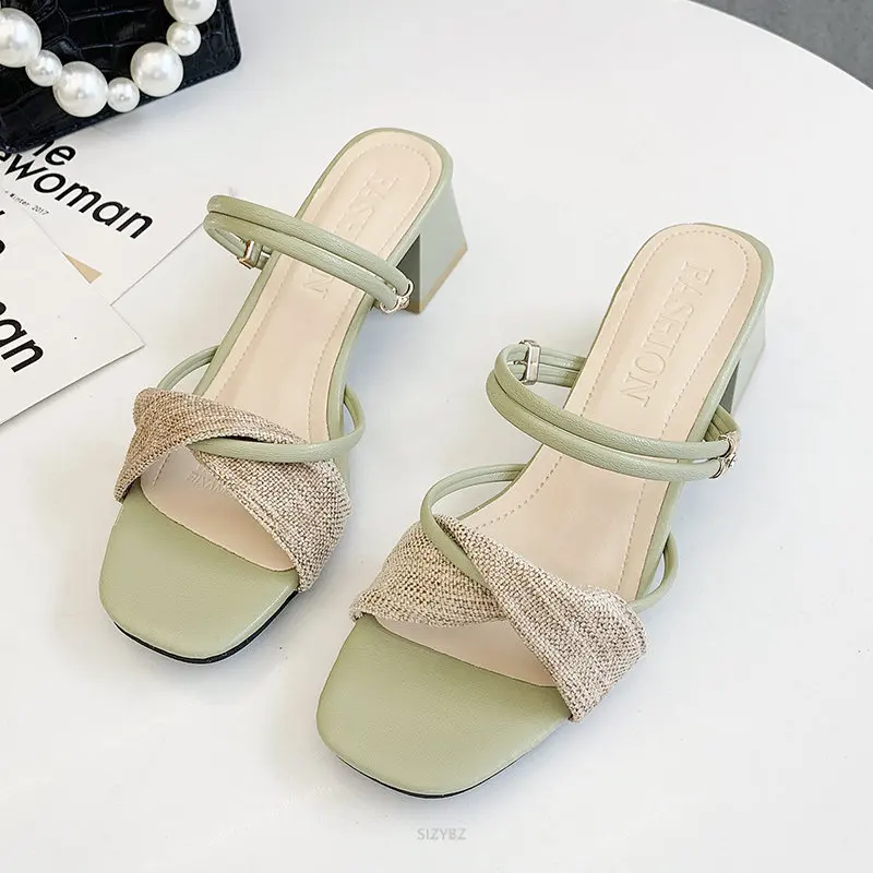 Elegant High Heels Sandals Women New Summer Shoes Women Fashion Two Threading Methods Casual Sandals Square Heel Female Shoes