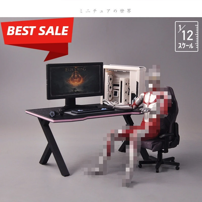 

1:12 Scale Dollhouse Miniature Gaming Desk Chair Set, Computer Keyboard Mini Food Props for Diorama Scene Collectible Decor