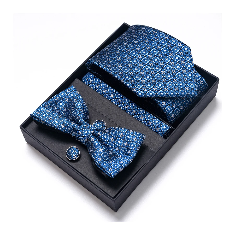 Solid Color Holiday Gift Tie Handkerchief Pocket Squares Cufflink Set Necktie Box Dark Blue Man Fit Formal Party Easter Day