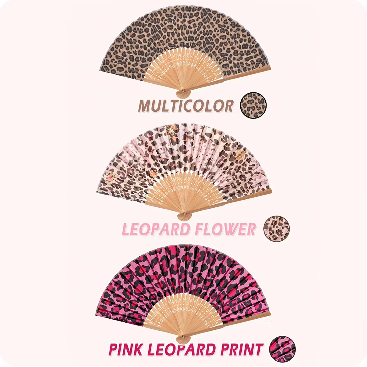 Vintage Pink Leopard Print Bamboo Hand Fan, Elegant Photo Prop & Decor Gift for Wedding Holiday Party