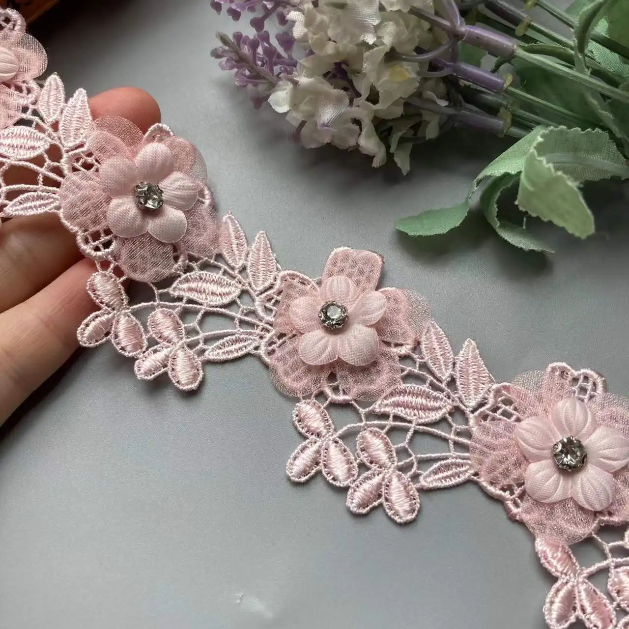 10Pcs/Lot Pink Bowknot Pearl Embroidered Lace Trim Fabric Lace Ribbon Handmade DIY Sewing Supplies Craft For Clothes Decoration