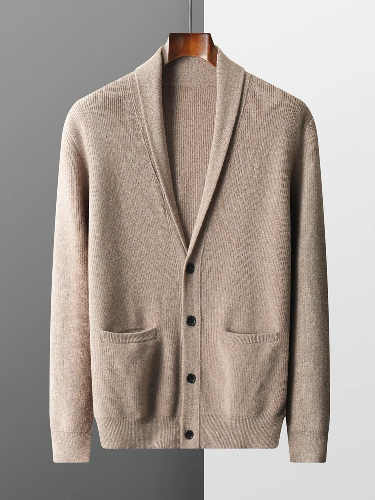 TLOML Men's 100% Merino Wool Knitwear Shawl Collar Pocket Cardigan Autumn Winter Cashmere Sweater Thicken Gentleman Wool Coat