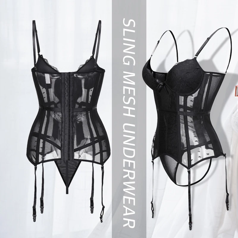 

Women Gothic Bustier Lace Corset Straps Waist Training Lingerie Mesh Girdle Garter Belt Sexy Underwear
