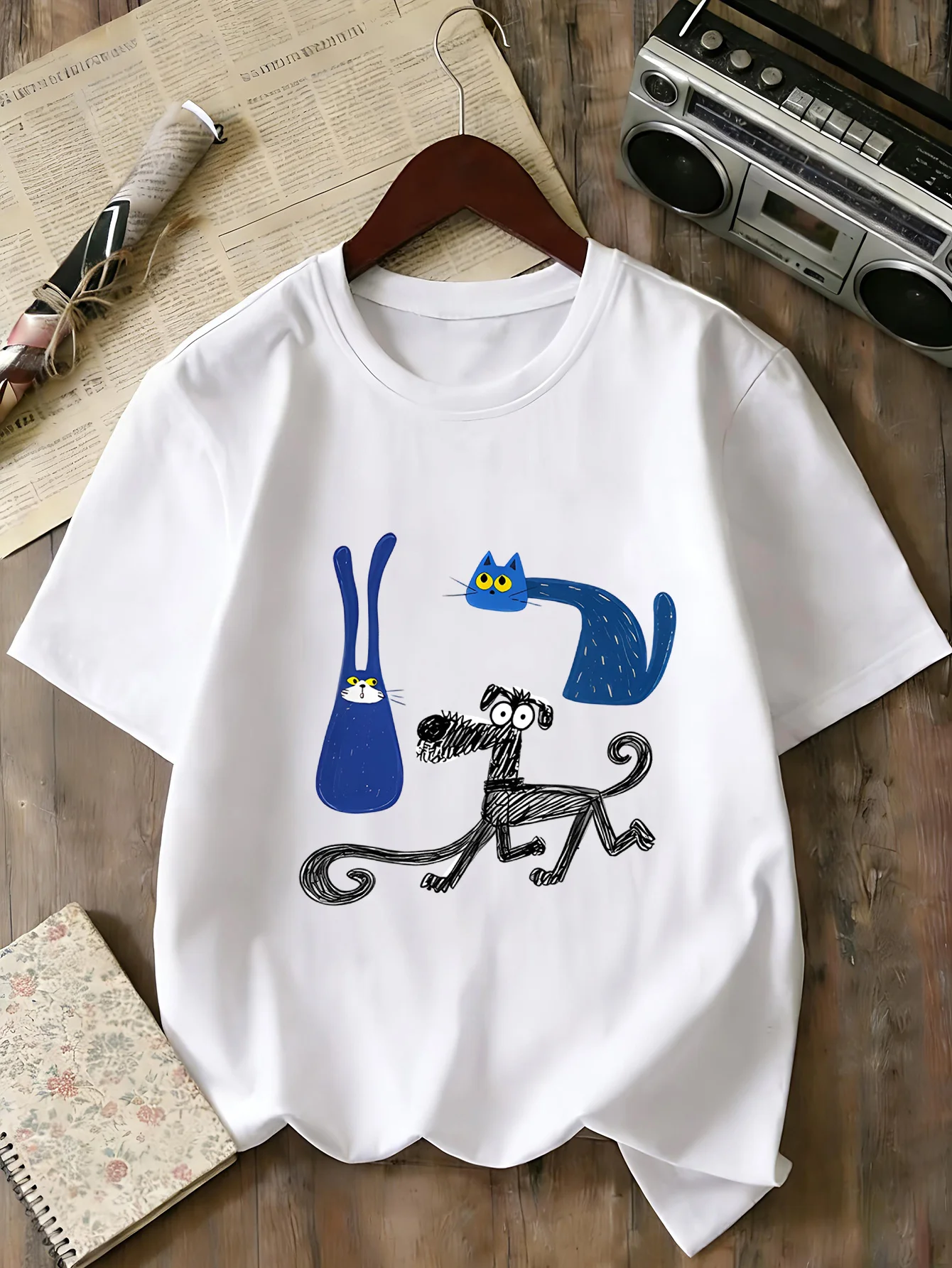 Cute Sketch Rabbit Cat And Dog Graphic T Shirt Family Matching Boys Girls Kids Short Sleeve Cartoon Animal Children Daily Tops