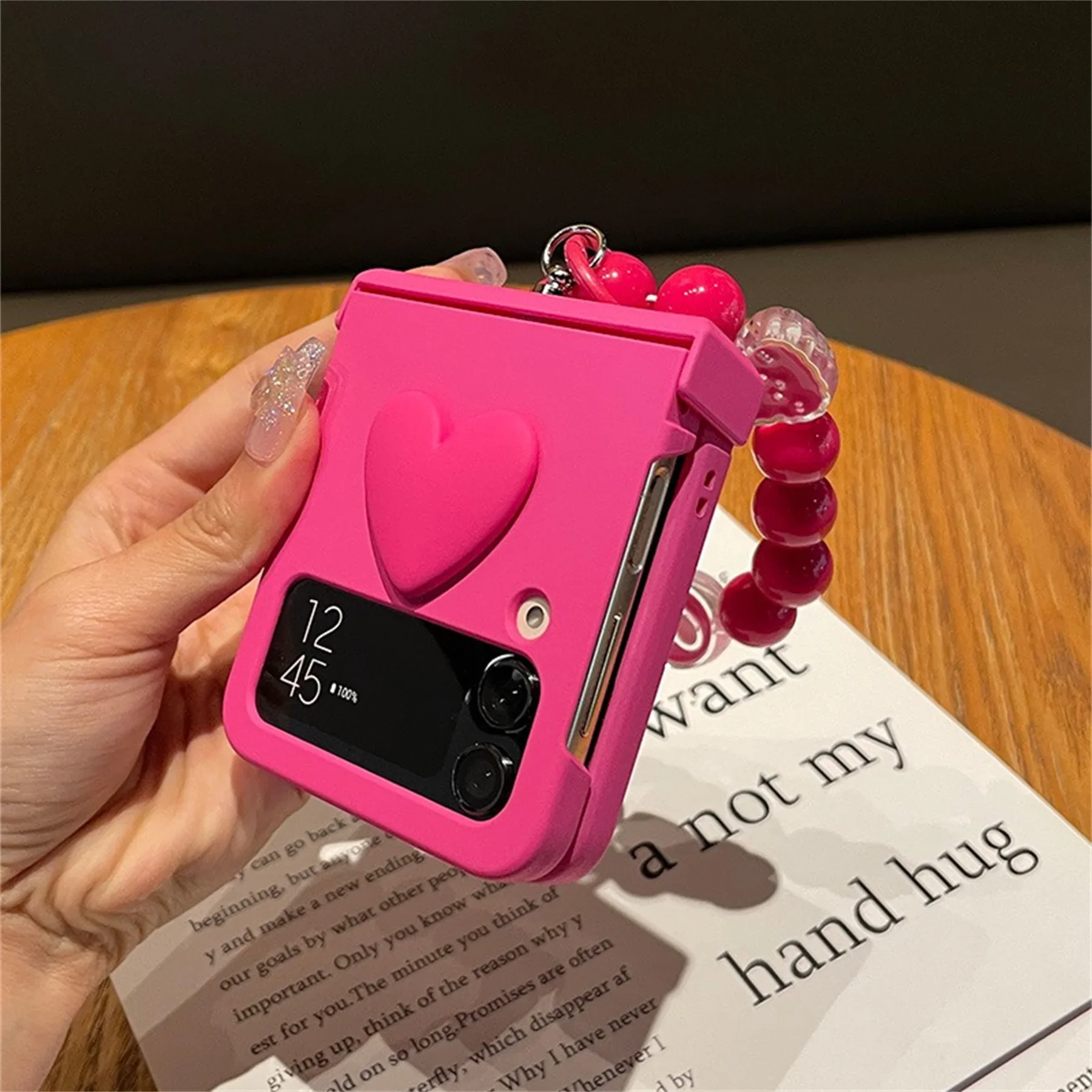 Korean 3D Love Heart Rose Red Case with Bunny Ring Beads Bracelet for Samsung Galaxy Z Flip 3  5G Z Flip3  Zflip5 Zflip4 Cover