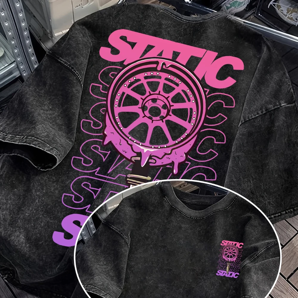 Men's Women Oversize Vintage Stance Style Static Wheel Washed T-Shirt Loose Streetwear Casual Trendy Unisex All-season Tops