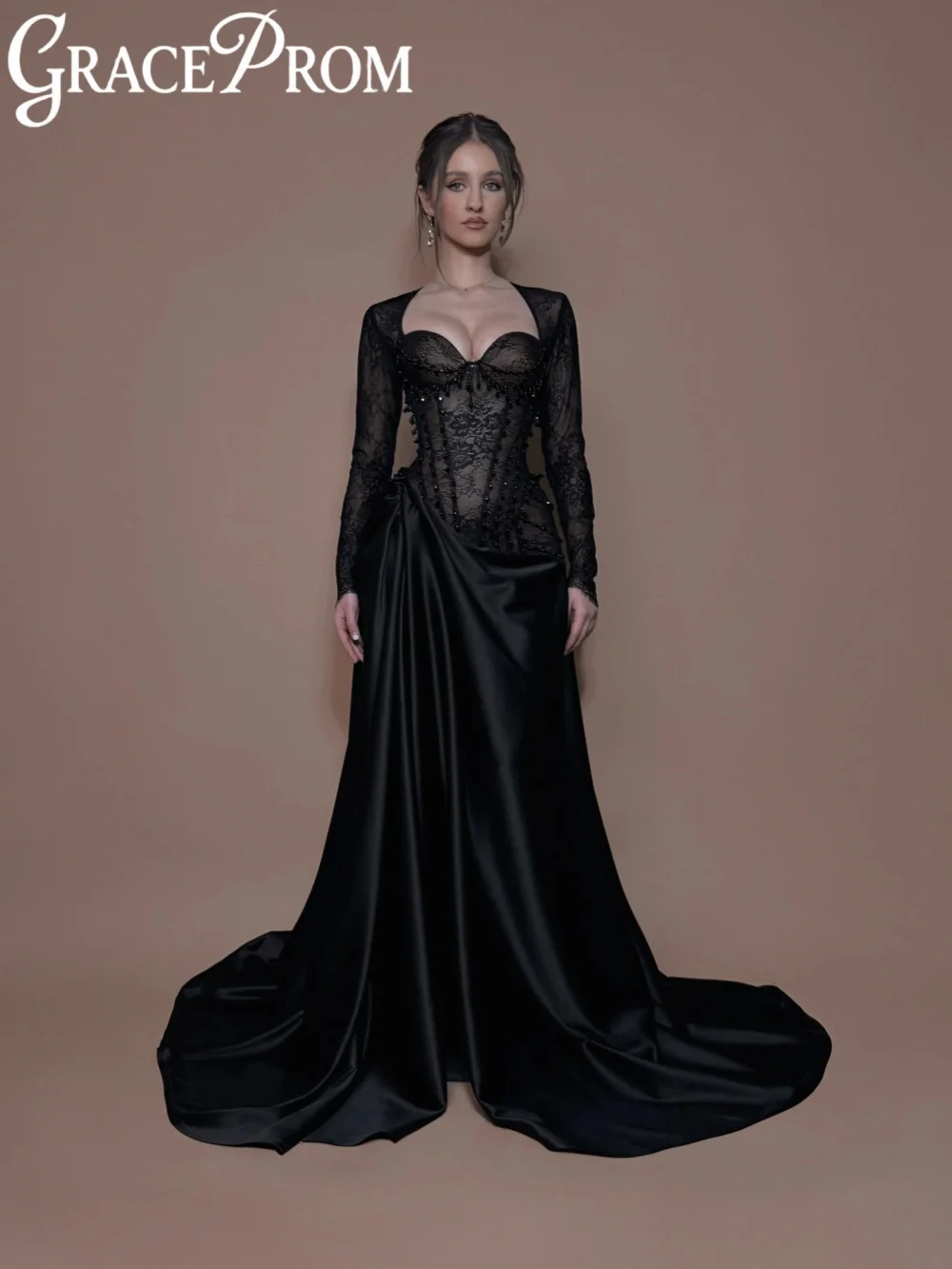 

Black Pearls A-line Satin Evening Dress Graceful Sweetheart Neck Formal Party Gown New Customized Long Sleeved Red Carpet Gown