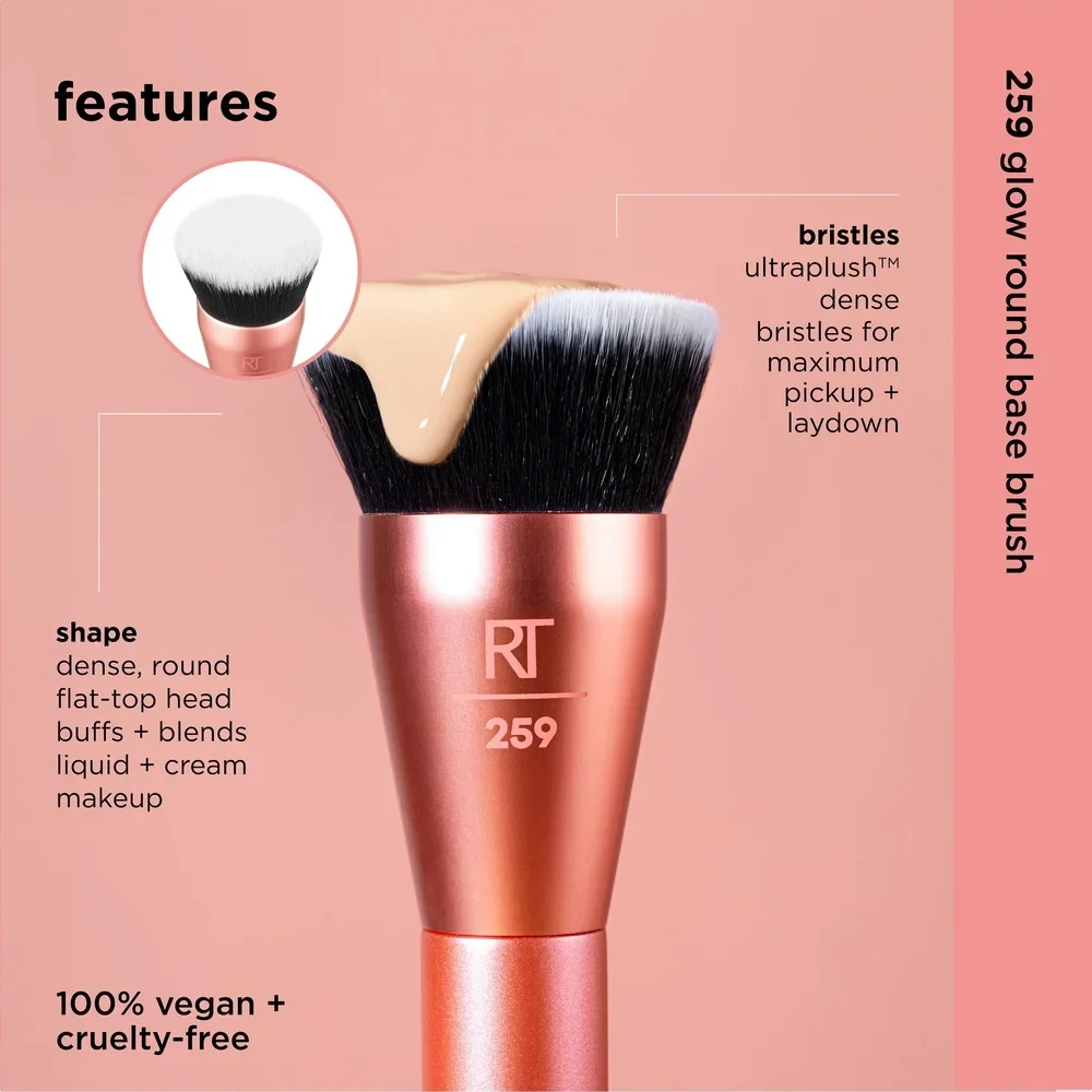Glow Make-up-Pinsel mit runder Basis, flüssige Creme, Foundation, glatt, vollständige Abdeckung, präzise Anwendung, vegan, tierversuchsfrei, ultraplush